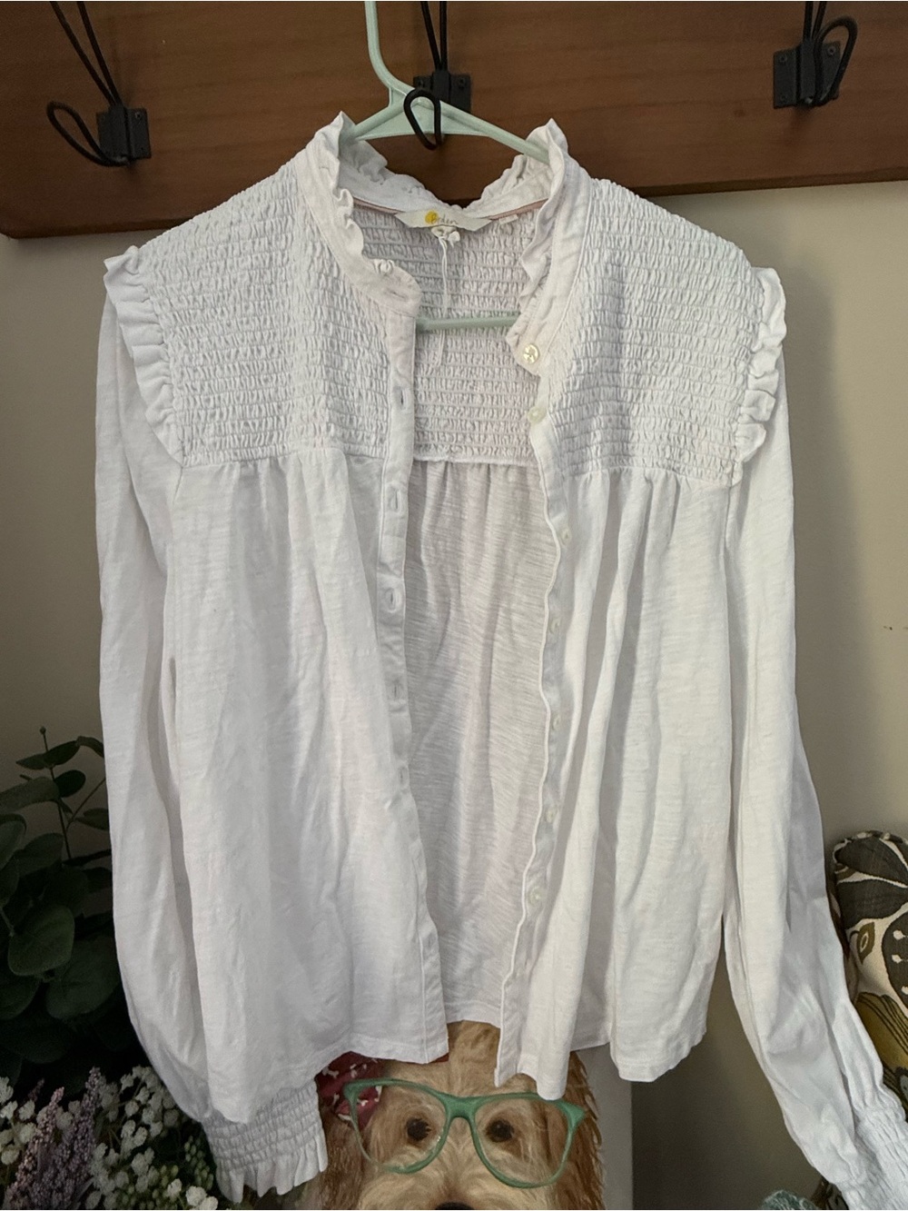 Boden White Smocked Yoke Button-Front Blouse